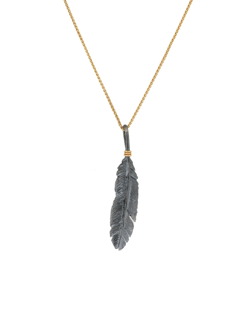 Small Oxidized Silver Feather Pendant with 18k Gold Tie