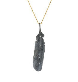 Large Oxidized Silver Feather Pendant with 5 Grey Diamonds