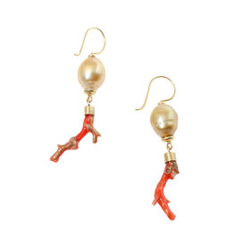 Golden Pearl Drop Earrings with Coral Branch in 18k Gold