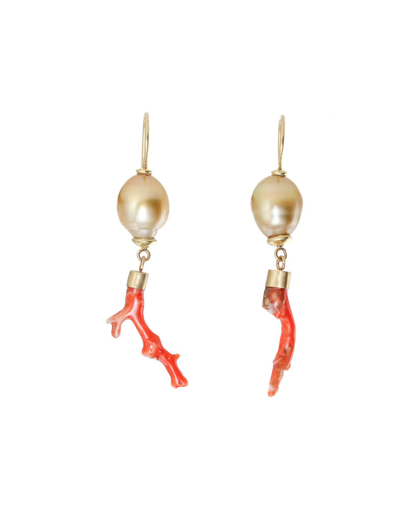 Golden Pearl Drop Earrings with Coral Branch in 18k Gold