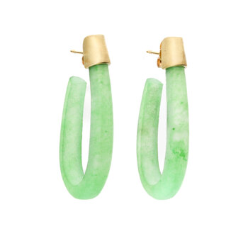 Oval Hoop Post Earrings in Green Jade and 18k Gold