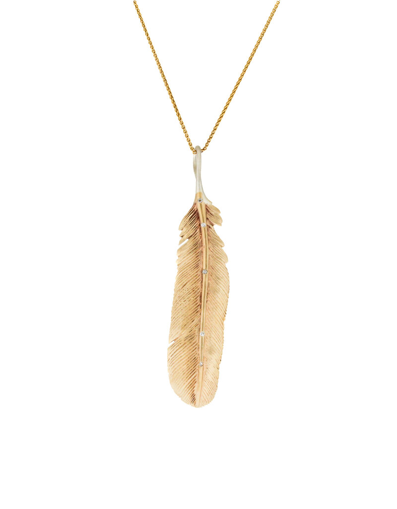 Large Bronze Feather Pendant with 5 Grey Diamonds