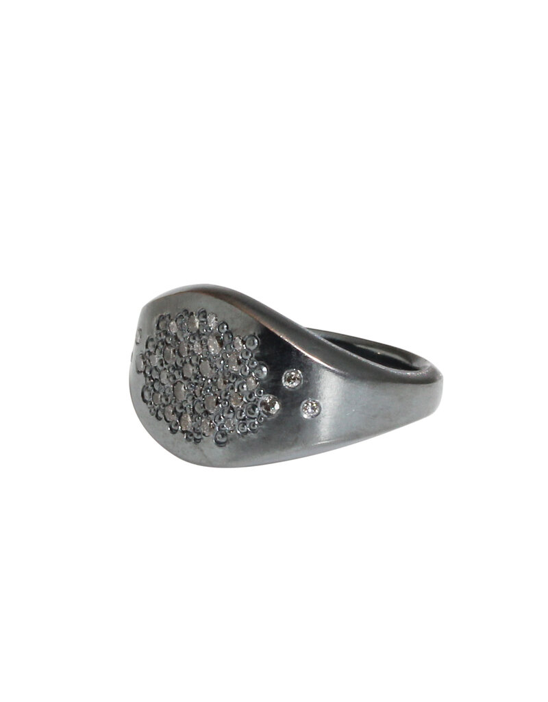 Long Oval Signet Ring with Grey Flush Set Diamonds and Pave in Oxidized Silver