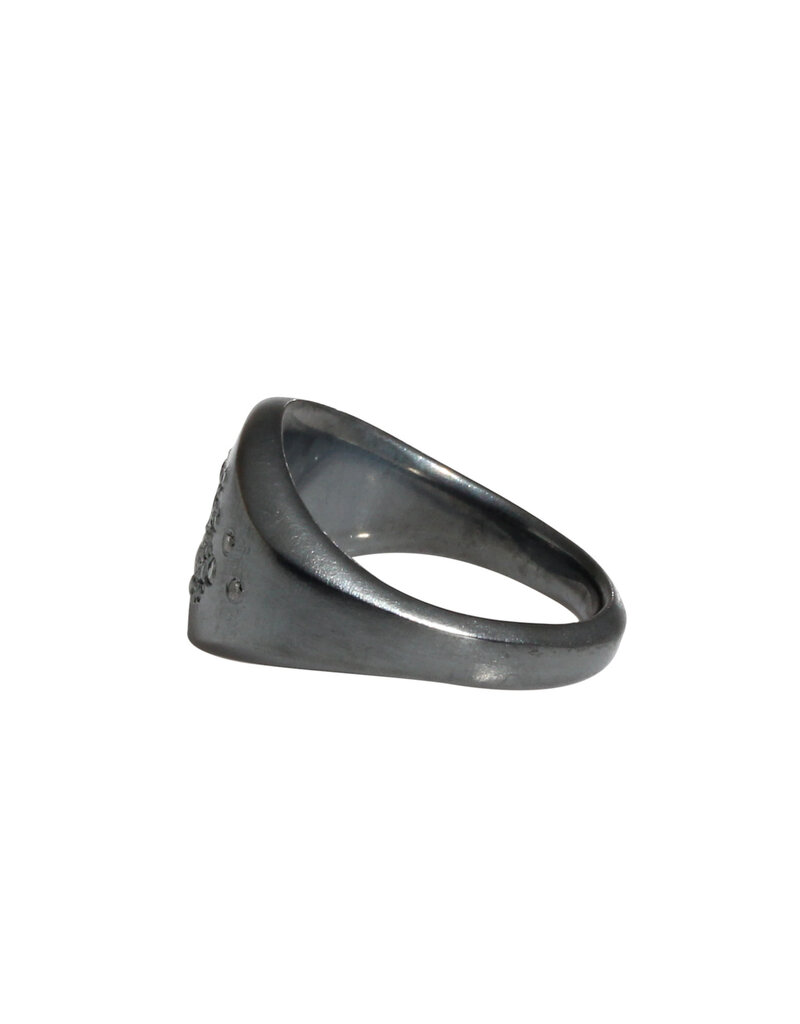 Long Oval Signet Ring with Grey Flush Set Diamonds and Pave in Oxidized Silver