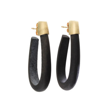 Oval Hoop Post Earrings in Matte Black Jade and 18k Gold