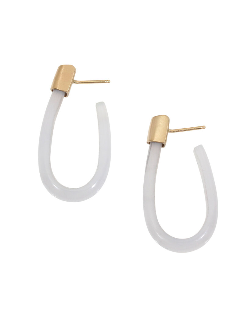 Oval Hoop Post Earrings in White Jade and 14k Gold