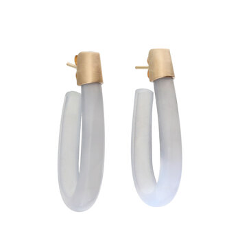 Oval Hoop Post Earrings in White Jade and 14k Gold