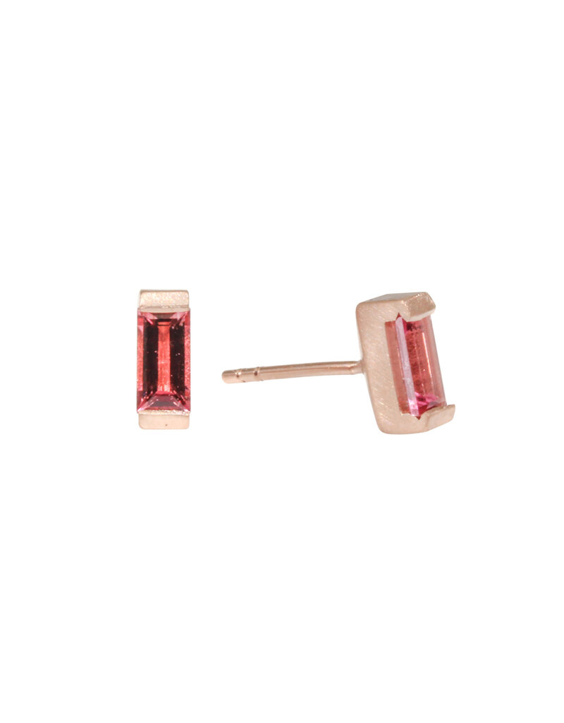 Pink Tourmaline Baguette Post Earrings in 14k Rose Gold