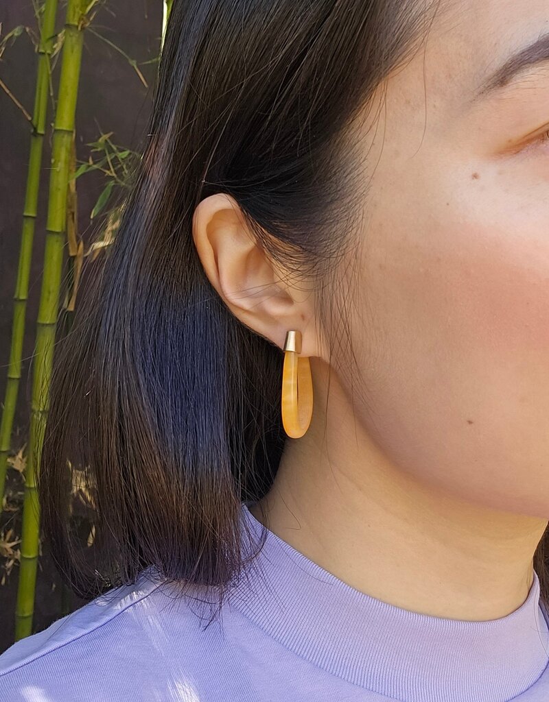 Oval Hoop Post Earrings in Orange Jade and 14k Gold