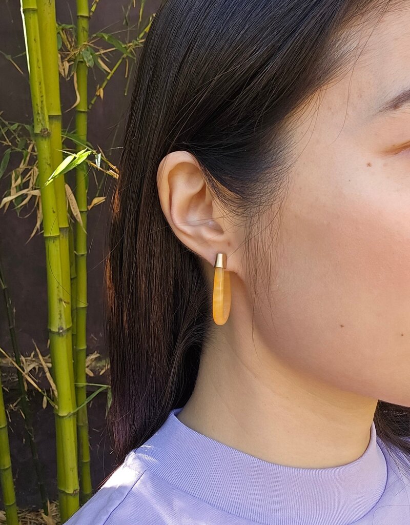 Oval Hoop Post Earrings in Orange Jade and 14k Gold