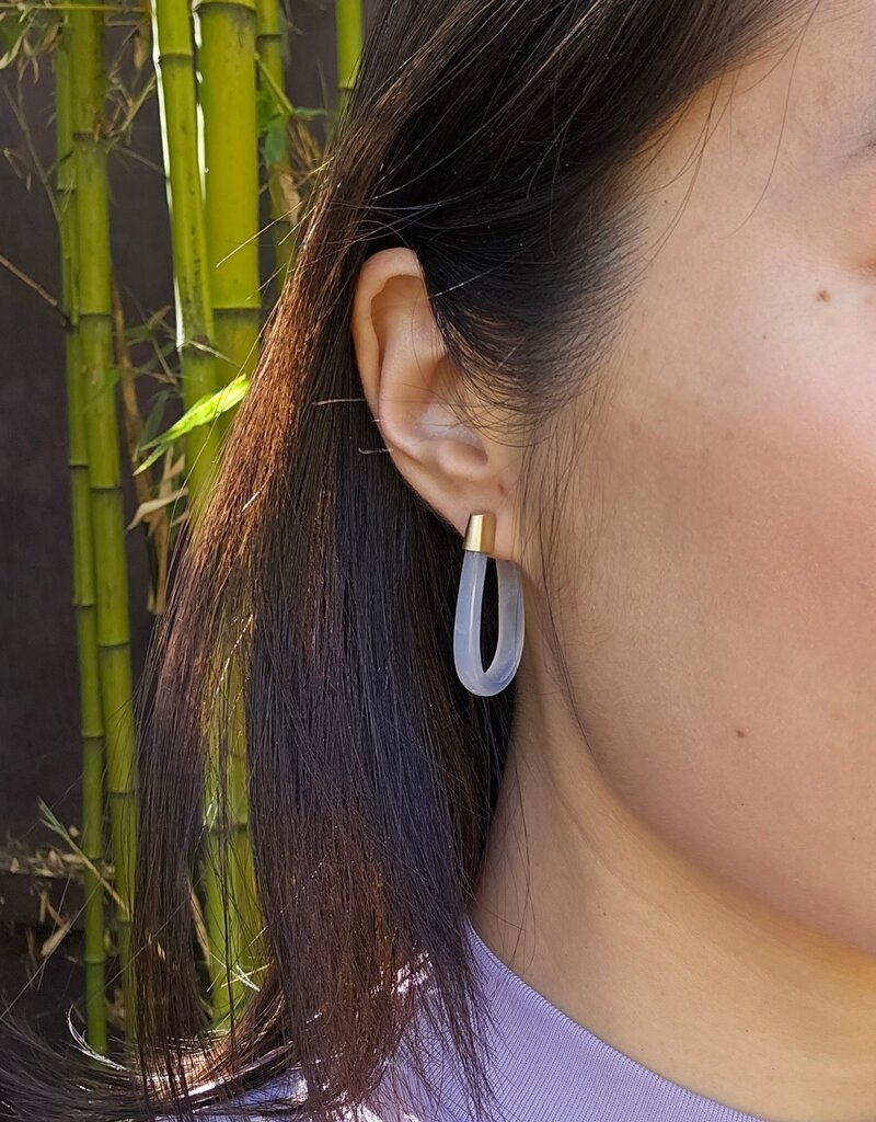 Oval Hoop Post Earrings in White Jade and 14k Gold