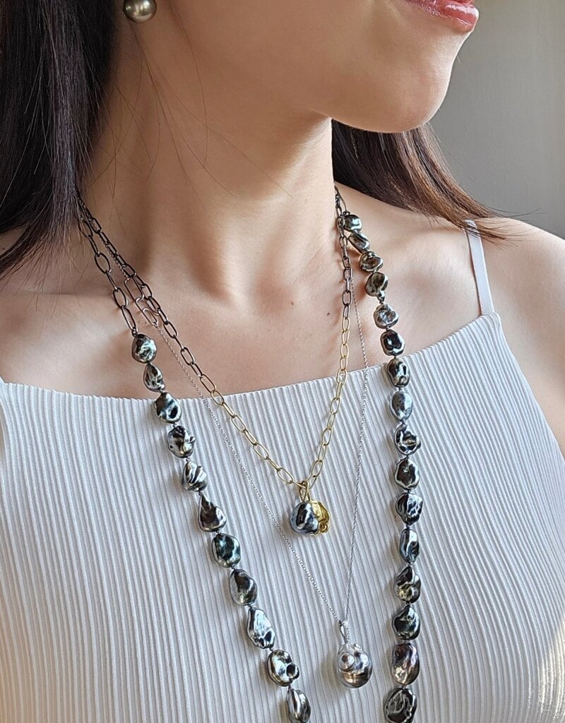 Keshi Pearl Necklace with 18k Palladium White Gold Bead, Grey Diamonds on Oxidized Silver Handmade Chain