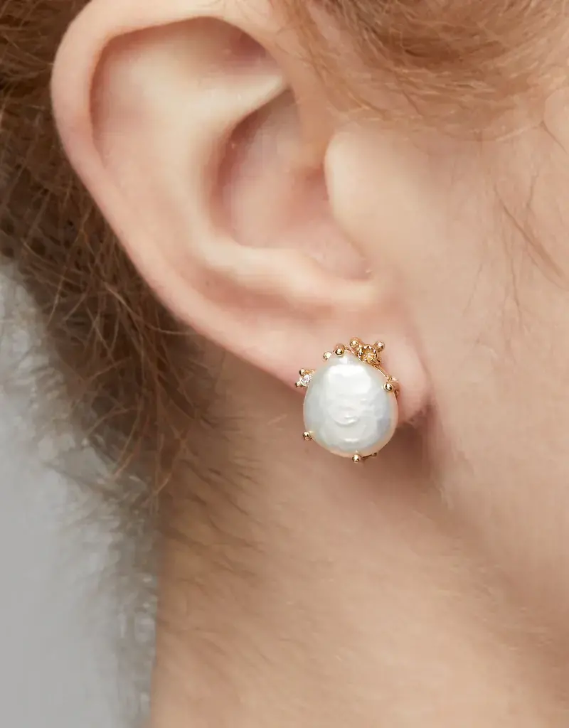 Pearl Post Earrings with Diamonds and Barnacles in 14k Yellow Gold