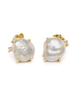 Pearl Post Earrings with Diamonds and Barnacles in 14k Yellow Gold