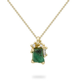 Raw Emerald and Diamond Encrusted Necklace in 18k Yellow Gold
