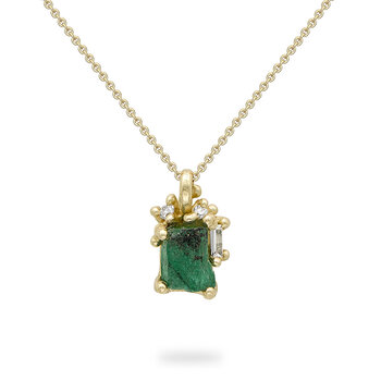 Raw Emerald and Diamond Encrusted Necklace in 18k Yellow Gold