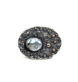Taha'a Ring in Oxidized Silver with Keshi Pearl and Rosecut Diamond and Sapphires