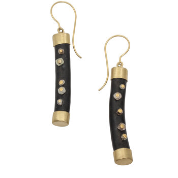 Black Coral Stick Earrings with Industrial Diamonds in 18k Gold