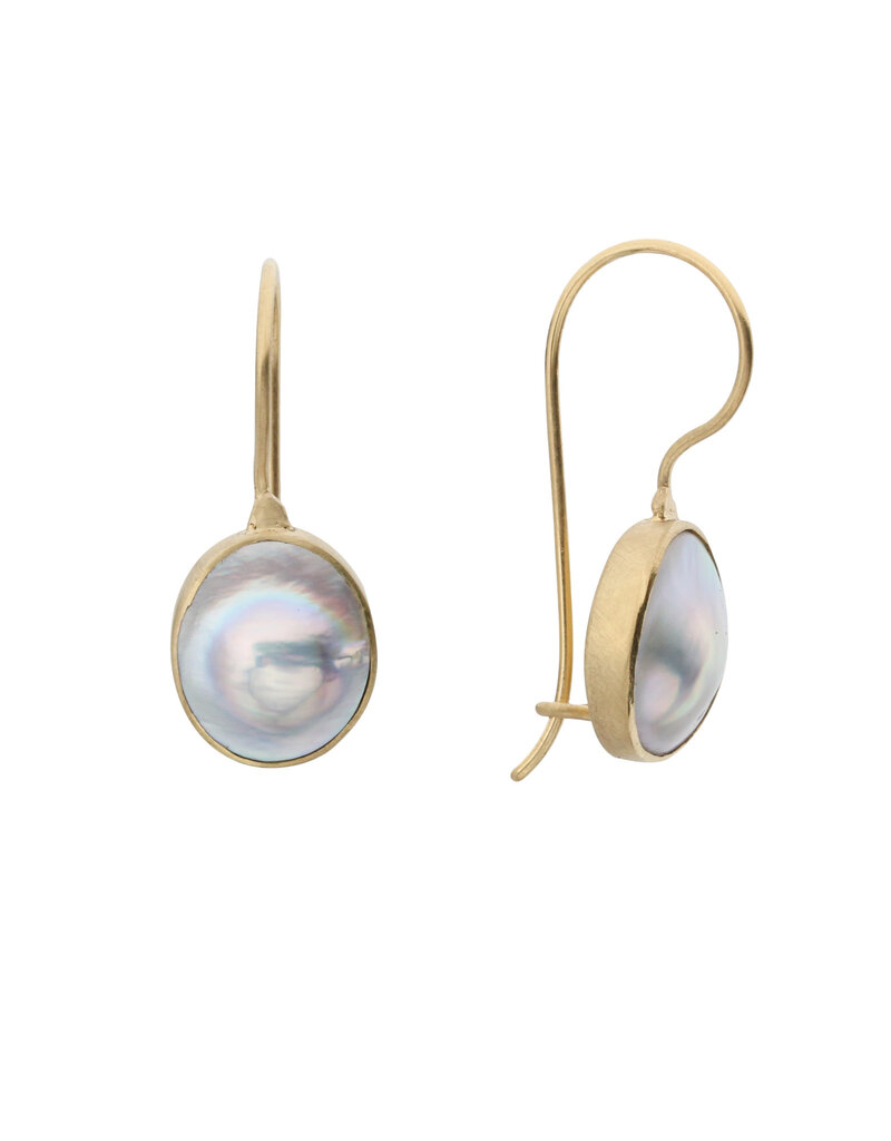 Small Oval Dome Pearl Drop Earrings in 18k Gold