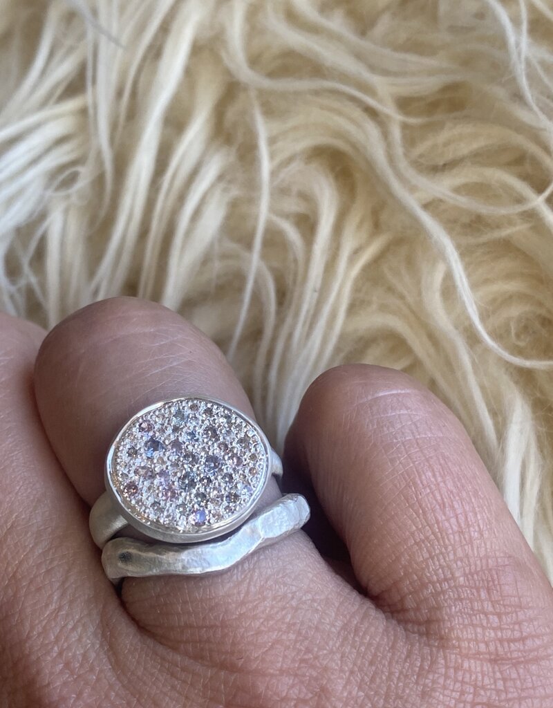 Pave Set Signet Ring with Lavender Sapphires in Brushed Silver