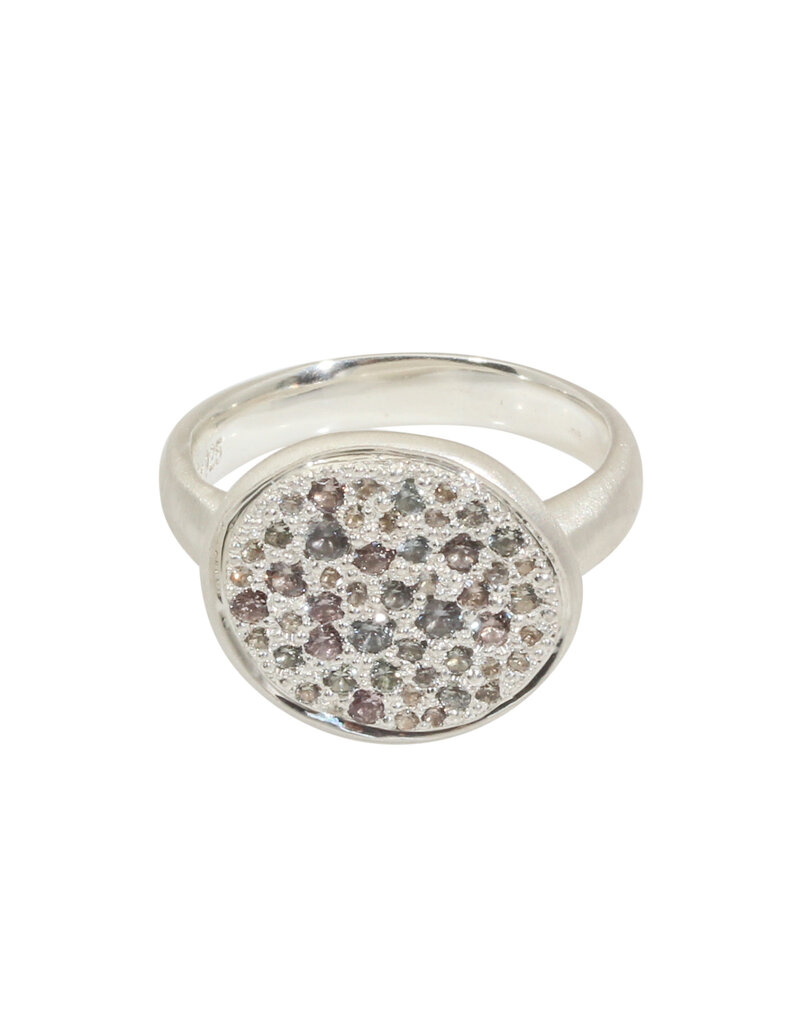 Pave Set Signet Ring with Lavender Sapphires in Brushed Silver