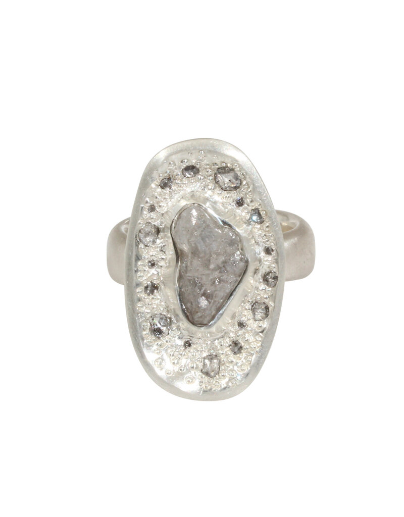 Island Rough Diamond Ring in Brushed Silver with Grey and Rosecut Diamonds