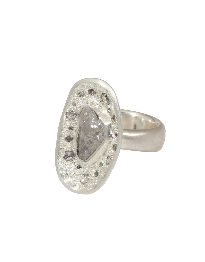 Island Rough Diamond Ring in Brushed Silver with Grey and Rosecut Diamonds