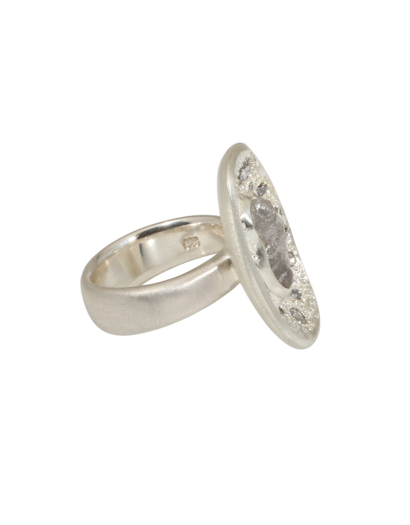 Island Rough Diamond Ring in Brushed Silver with Grey and Rosecut Diamonds
