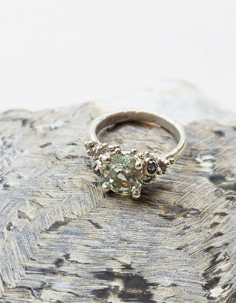 Green Amethyst and Diamond Encrusted Ring in 9ct White Gold