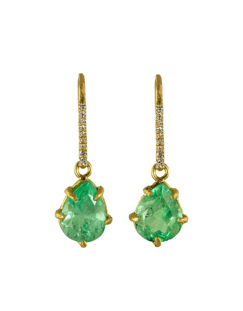 Margery Hirschey Pear Cut Emerald and Diamond Drop Earrings in 18k Gold