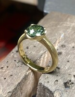 Custom Scooped Prong Set Green Tanzania Sapphire Round in 18k Yellow Gold