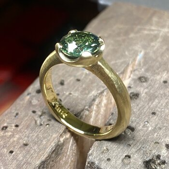 Custom Scooped Prong Set Green Tanzania Sapphire Round in 18k Yellow Gold