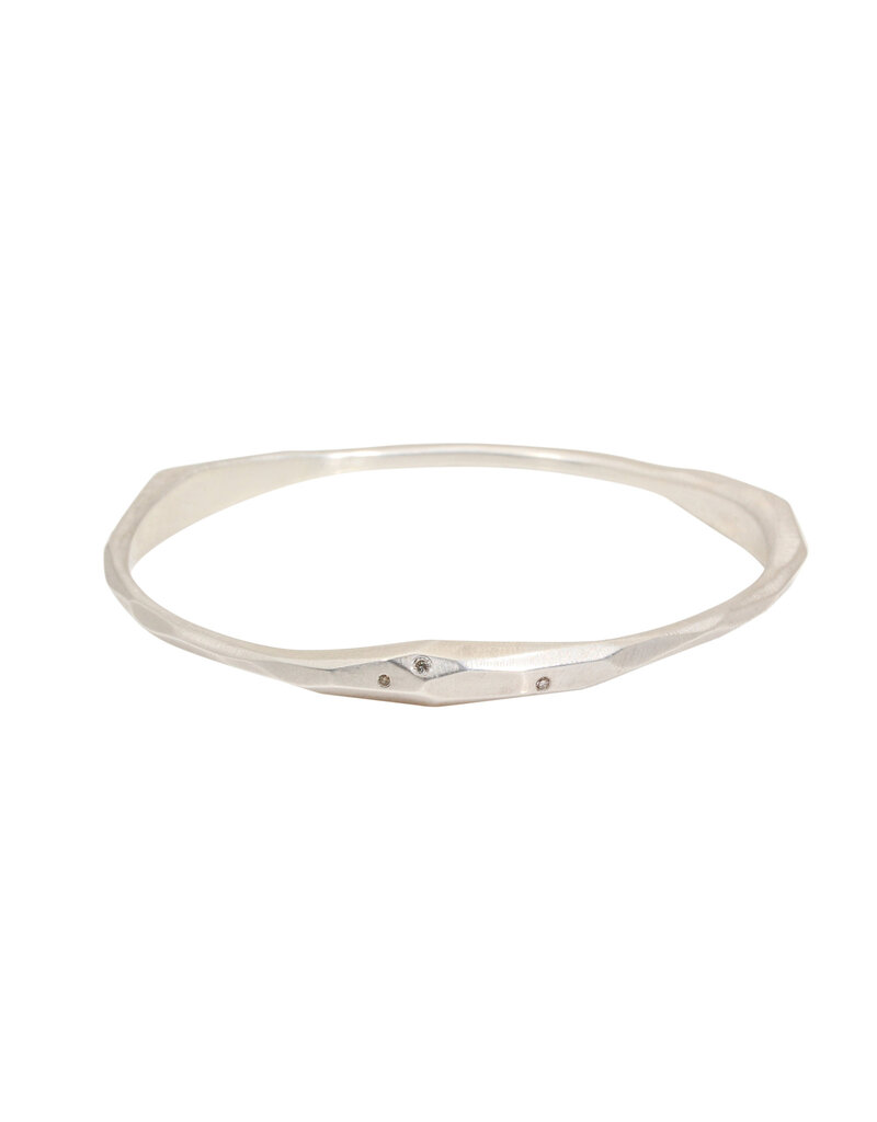 Thick and Thin Faceted Bangle in Brushed Silver with 9 Cognac Diamonds