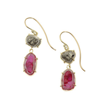 Pyrite Druzy & Chatham Ruby Crystal Dangle Earrings in 18k Gold