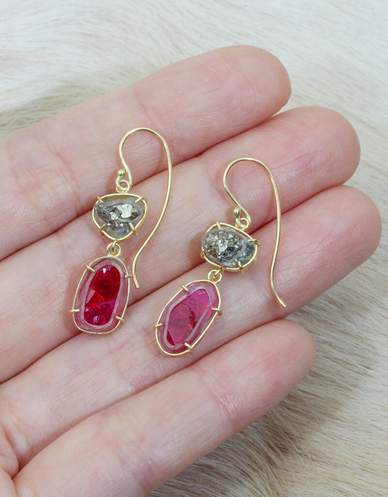Pyrite Druzy & Chatham Ruby Crystal Dangle Earrings in 18k Gold