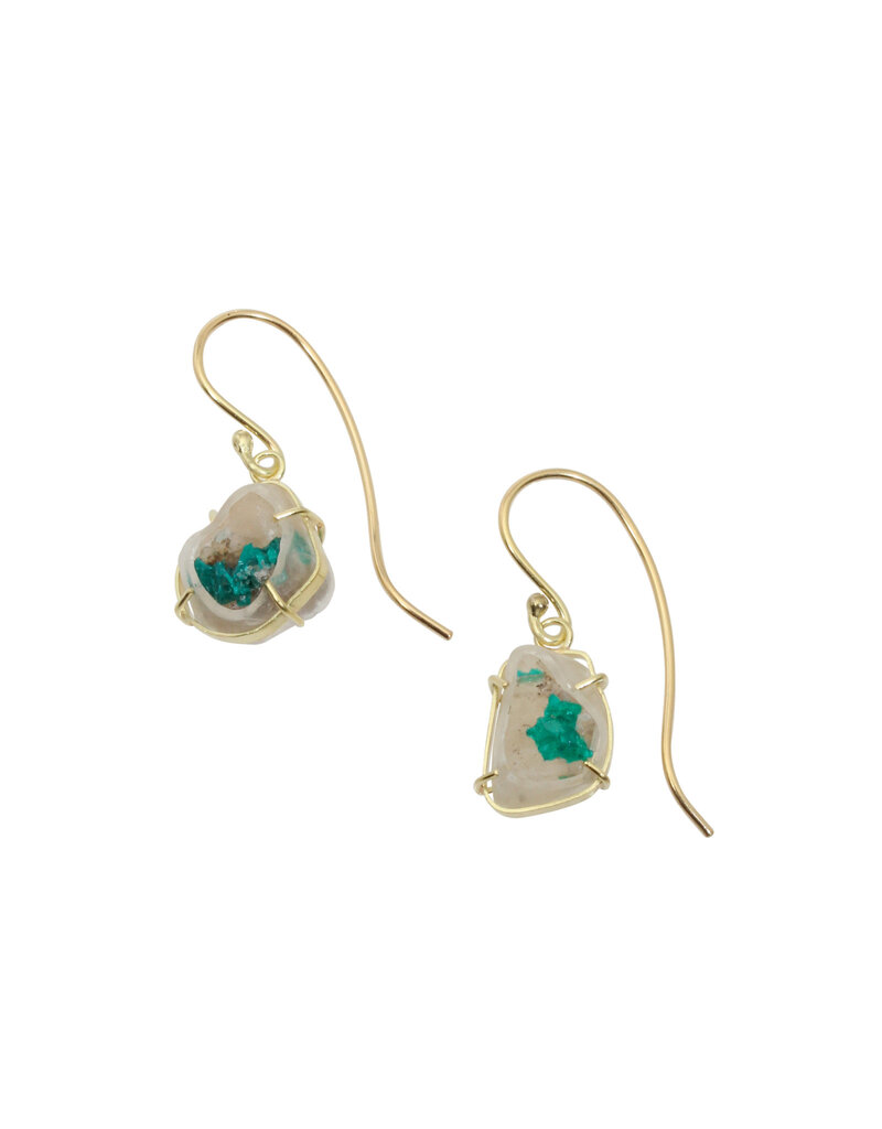 Dioptase Crystal in Substrate Dangle Earrings in 18k Gold