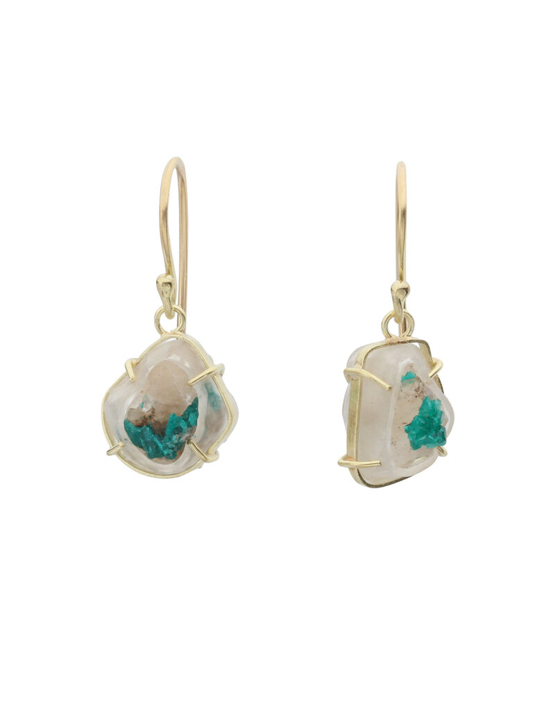 Dioptase Crystal in Substrate Dangle Earrings in 18k Gold