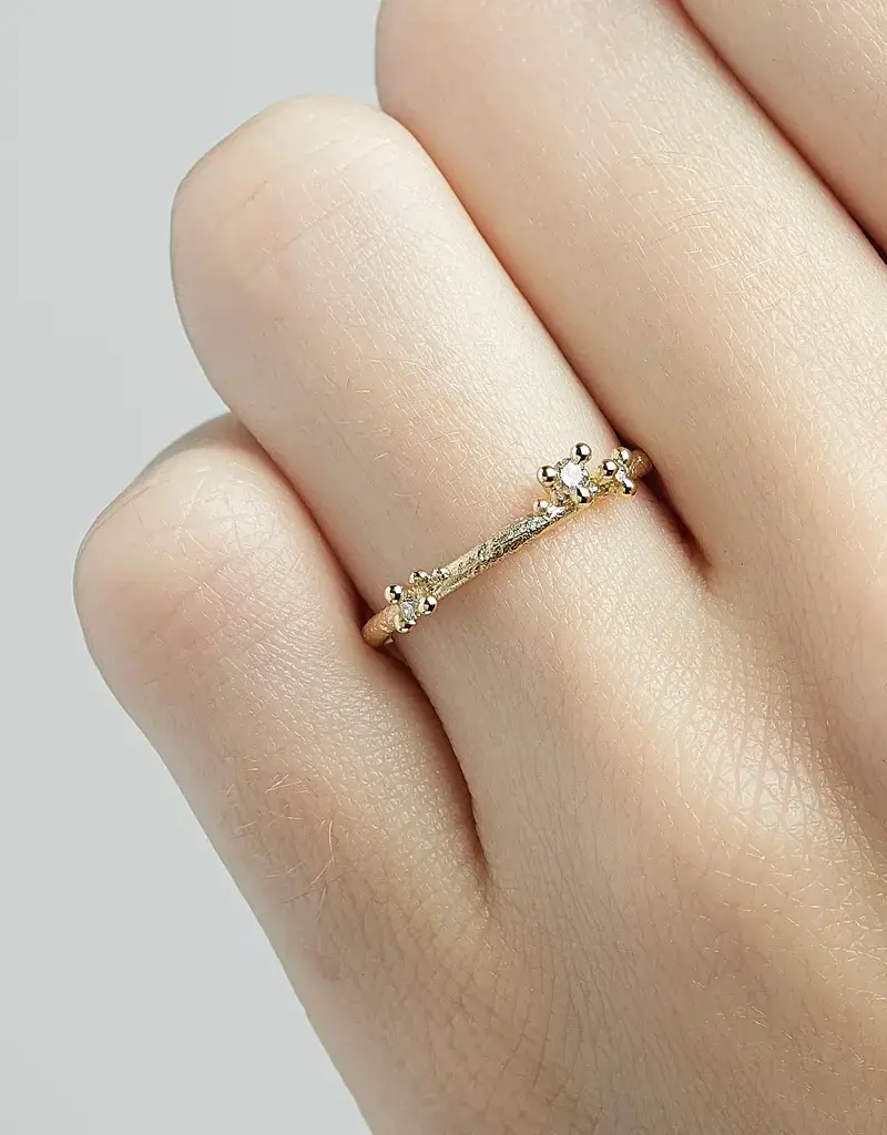 Asymmetric Band with Diamonds & Granules in 14k Yellow Gold