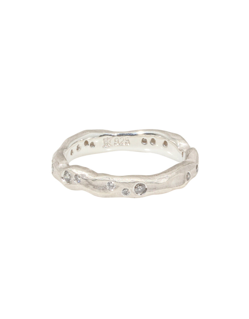 Organic Texture Wave Ring in Brushed Silver with Grey Diamonds