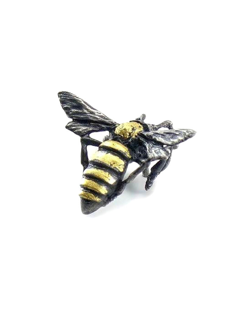 Honey Bee II Lapel Pin in Oxidized Silver with 23k Gold Leaf