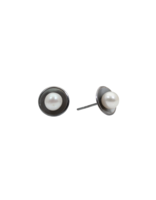White Pearl Cup Post Earrings in Oxidized Silver