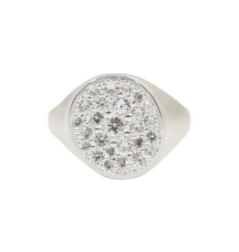 Organic Shaped Pave Signet Ring with White Sapphires in Brushed Silver