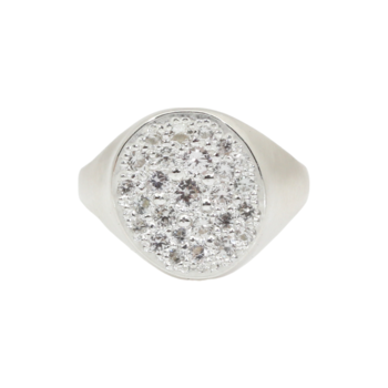 Organic Shaped Pave Signet Ring with White Sapphires in Brushed Silver