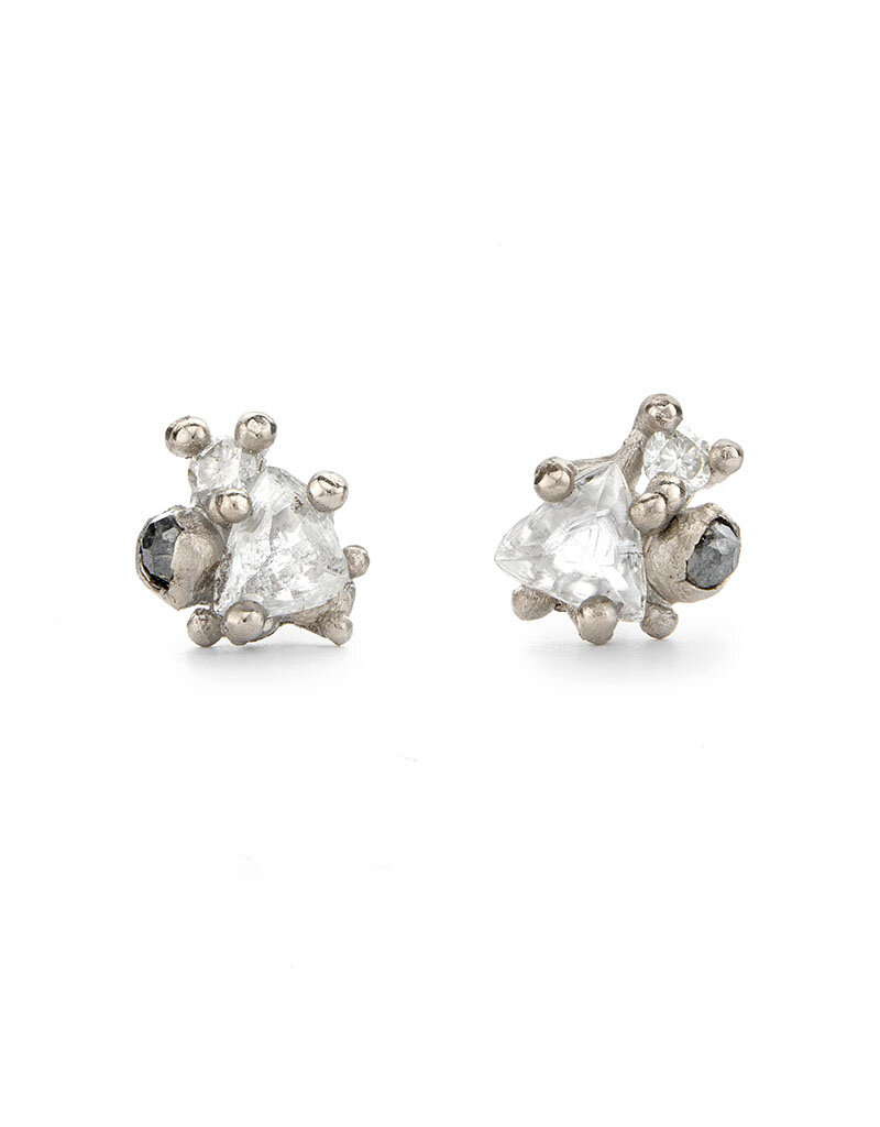 Raw Diamond Cluster Post Earrings in 18k White Gold