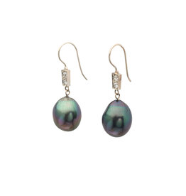 Dark Baroque Pearl Earrings with Antique Two Diamond Setting in 14k White Gold