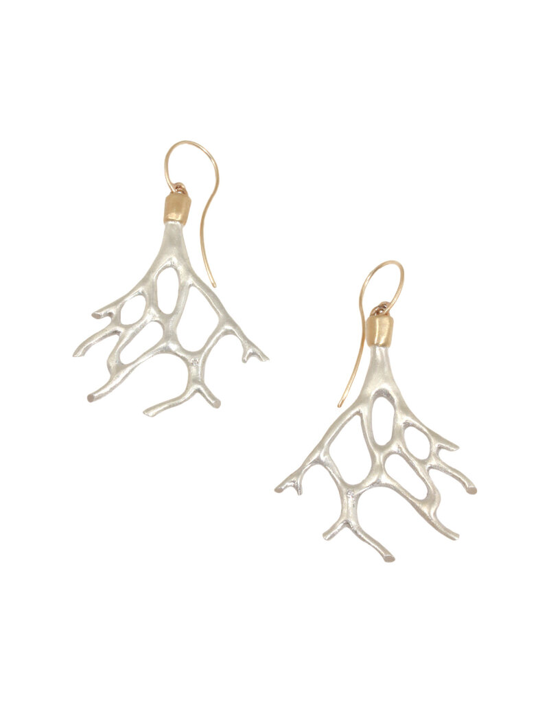 Aki Coral Branch Earrings in Silver and Bronze with White Diamonds
