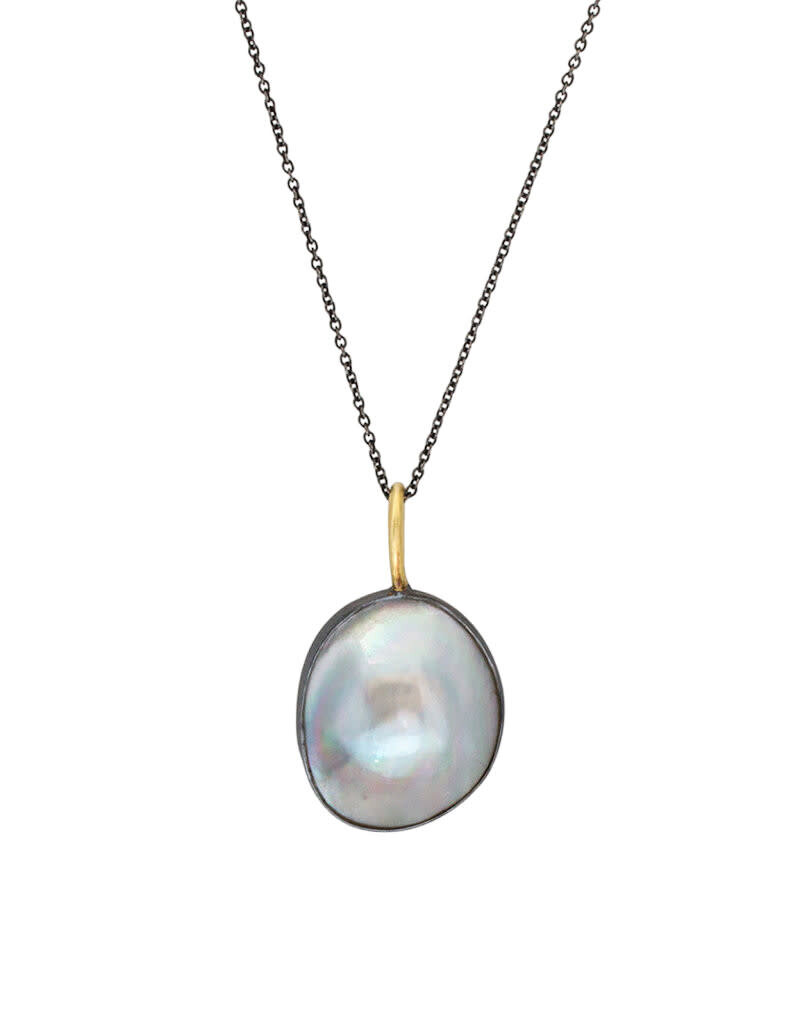 Medium Mabe Pearl Pendant in Oxidized Silver and 18k Yellow Gold