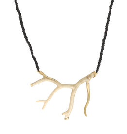 Horitizontal Coral Branch Necklace with 18k Gold, Grey Diamonds and  Matte Black Glass Beads