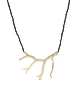 Horitizontal Coral Branch Necklace with 18k Gold, Grey Diamonds and  Matte Black Glass Beads
