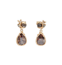 Raw Diamond Cluster and Salt and Pepper Diamond Dangly Post Earrings in 14k Yellow Gold